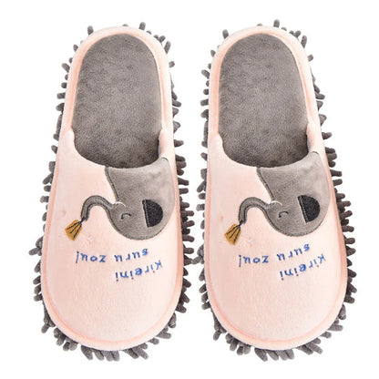 Detachable and Washable Four Seasons Home Mopping Slippers in various colors, including pink lamb, pink baby elephant, gray white bear, navy blue cat, dark brown bear, and light brown cat