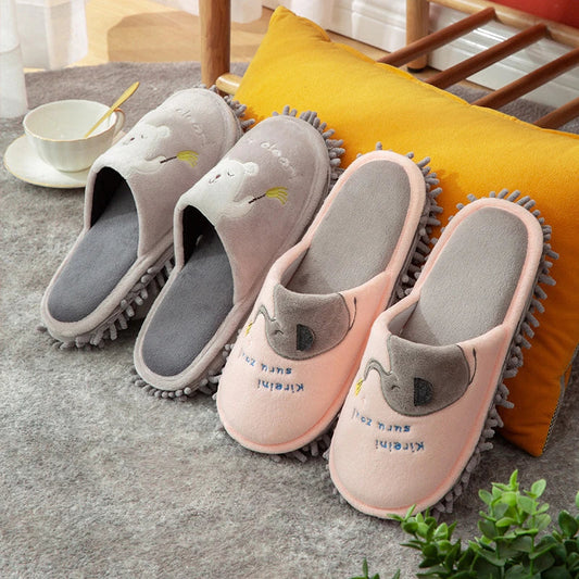 Detachable and Washable Four Seasons Home Mopping Slippers in various colors, including pink lamb, pink baby elephant, gray white bear, navy blue cat, dark brown bear, and light brown cat