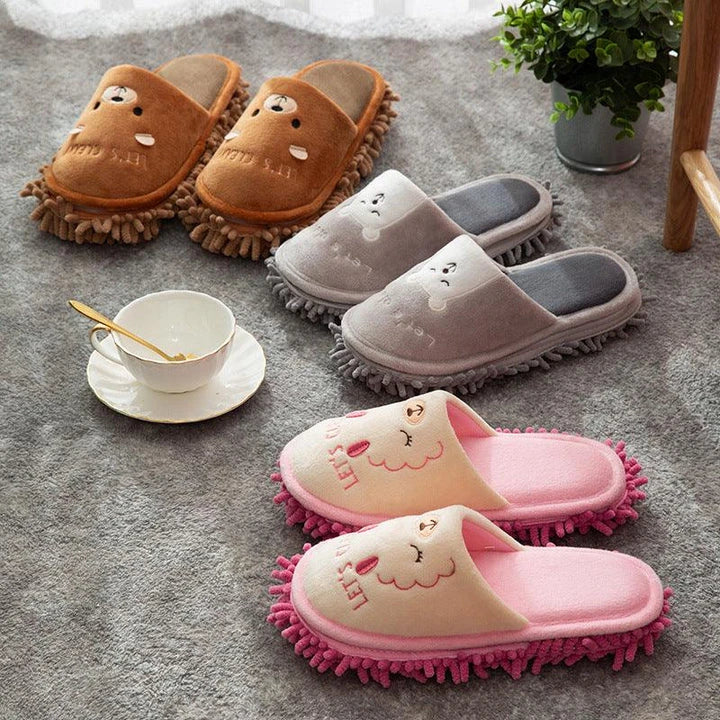 Detachable and Washable Four Seasons Home Mopping Slippers in various colors, including pink lamb, pink baby elephant, gray white bear, navy blue cat, dark brown bear, and light brown cat