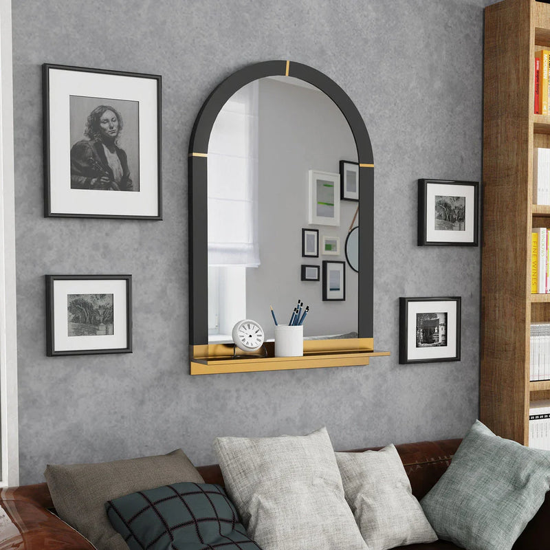 Hhomeenjoy Arched Black and Gold Wall Mirror with Decorative Shelf