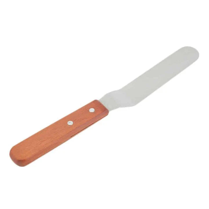 Stainless steel kitchen spatula with wooden handle, perfect for flipping, lifting, and transferring delicate foods