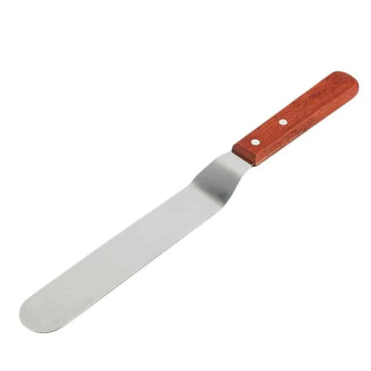 Stainless steel kitchen spatula with wooden handle, perfect for flipping, lifting, and transferring delicate foods