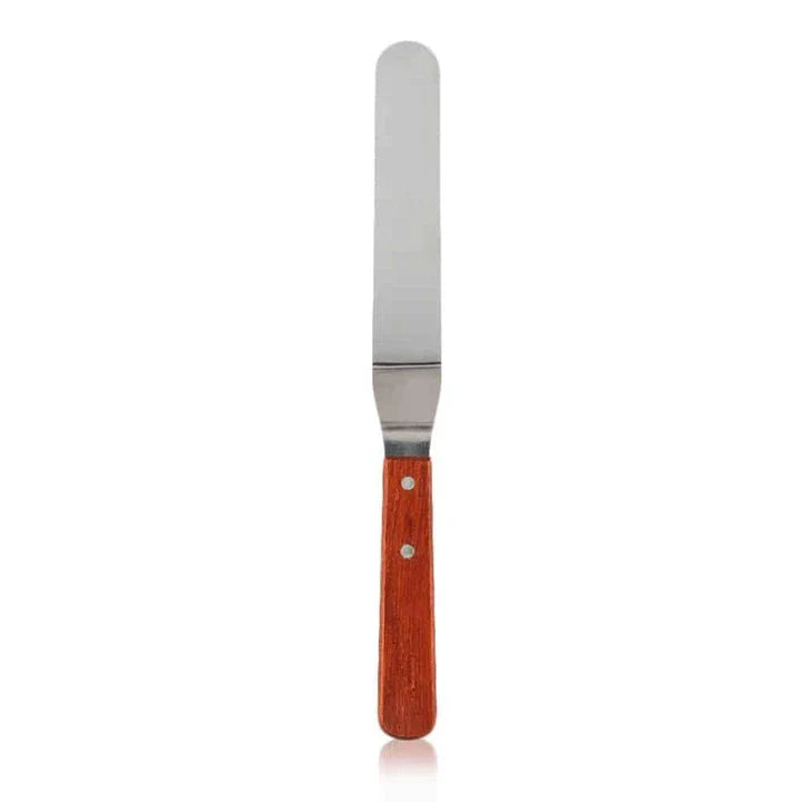 Stainless steel kitchen spatula with wooden handle, perfect for flipping, lifting, and transferring delicate foods