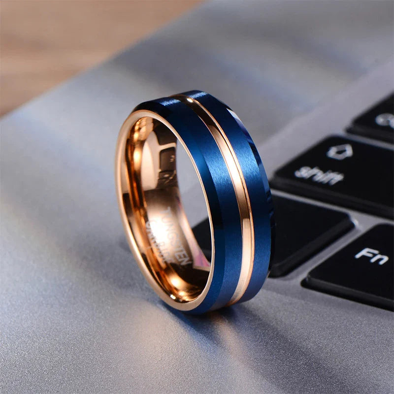 Electroplated blue-gold men's tungsten steel ring with a sleek, contemporary U-shaped design