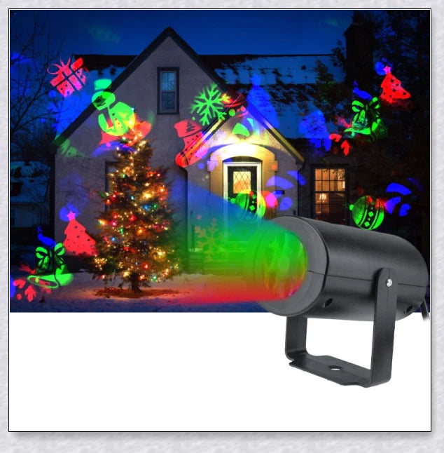 Premium Outdoor Christmas Holiday Laser Light Projector with 12 unique holiday patterns, including Santa, snowmen, and Christmas trees.