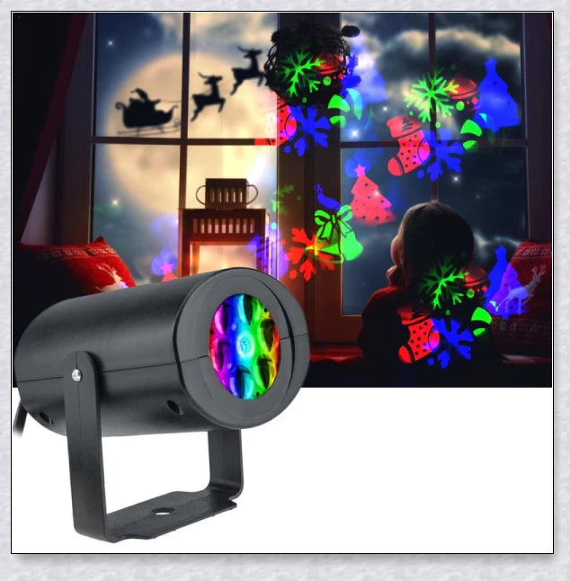 Premium Outdoor Christmas Holiday Laser Light Projector with 12 unique holiday patterns, including Santa, snowmen, and Christmas trees.