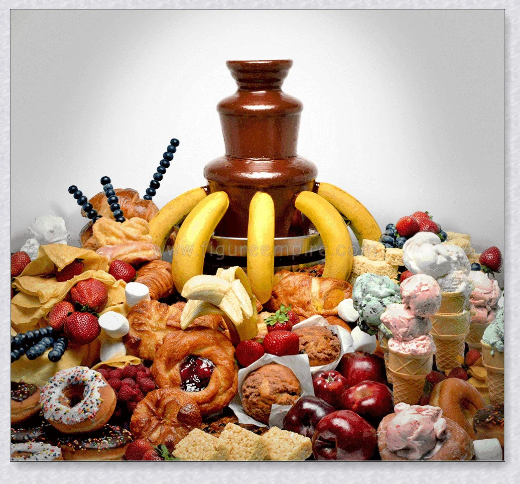 3-tier chocolate fondue fountain cascading with rich, melted chocolate, perfect for dipping fruits, marshmallows, cookies, and more