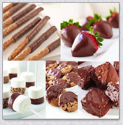 3-tier chocolate fondue fountain cascading with rich, melted chocolate, perfect for dipping fruits, marshmallows, cookies, and more