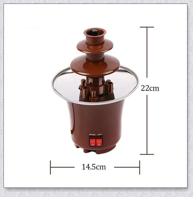 3-tier chocolate fondue fountain cascading with rich, melted chocolate, perfect for dipping fruits, marshmallows, cookies, and more