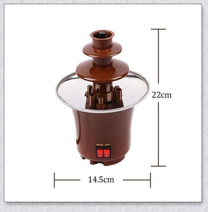 3-tier chocolate fondue fountain cascading with rich, melted chocolate, perfect for dipping fruits, marshmallows, cookies, and more