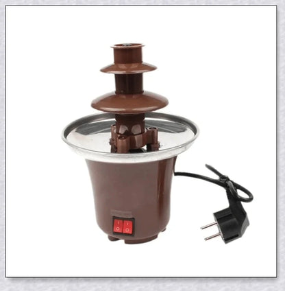 3-tier chocolate fondue fountain cascading with rich, melted chocolate, perfect for dipping fruits, marshmallows, cookies, and more