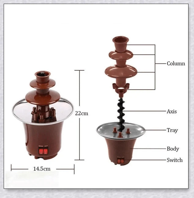 3-tier chocolate fondue fountain cascading with rich, melted chocolate, perfect for dipping fruits, marshmallows, cookies, and more