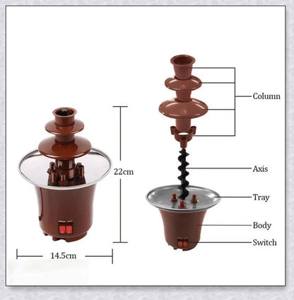 3-tier chocolate fondue fountain cascading with rich, melted chocolate, perfect for dipping fruits, marshmallows, cookies, and more