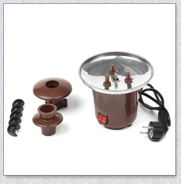 3-tier chocolate fondue fountain cascading with rich, melted chocolate, perfect for dipping fruits, marshmallows, cookies, and more