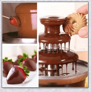 3-tier chocolate fondue fountain cascading with rich, melted chocolate, perfect for dipping fruits, marshmallows, cookies, and more