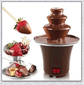 3-tier chocolate fondue fountain cascading with rich, melted chocolate, perfect for dipping fruits, marshmallows, cookies, and more