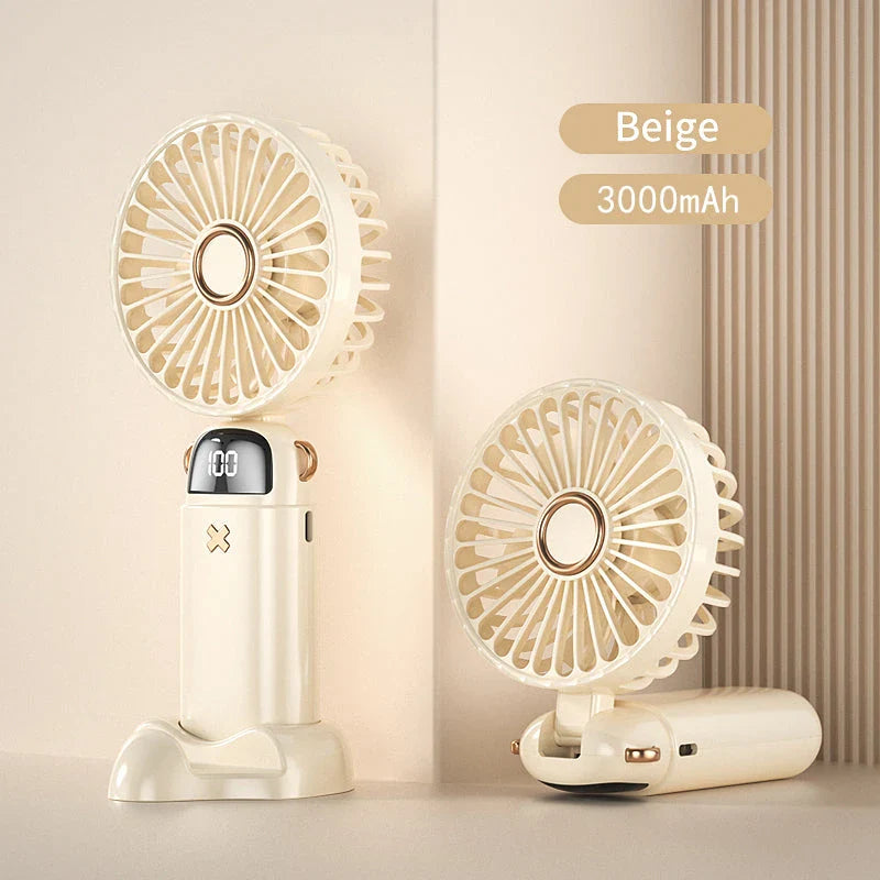 Portable Mini Handheld Fan with Beige color and 3000 mAh battery capacity for cooling comfort on the go