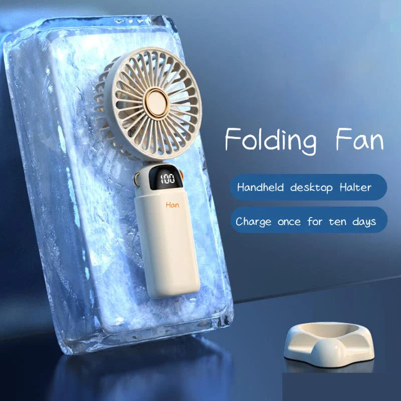 Portable Mini Handheld Fan with Beige color and 3000 mAh battery capacity for cooling comfort on the go