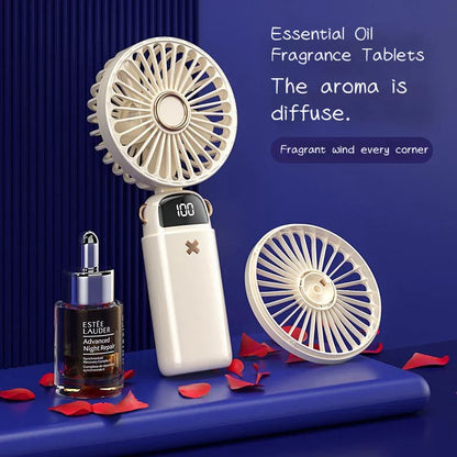 Portable Mini Handheld Fan with Beige color and 3000 mAh battery capacity for cooling comfort on the go