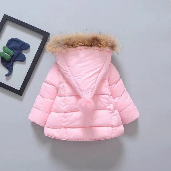Cozy winter baby jacket in navy blue, charcoal gray, and forest green colors with adjustable hood and cuffs