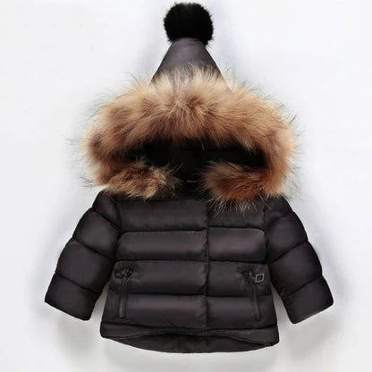Cozy winter baby jacket in navy blue, charcoal gray, and forest green colors with adjustable hood and cuffs