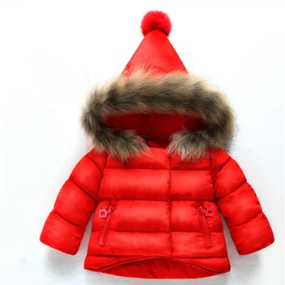 Cozy winter baby jacket in navy blue, charcoal gray, and forest green colors with adjustable hood and cuffs