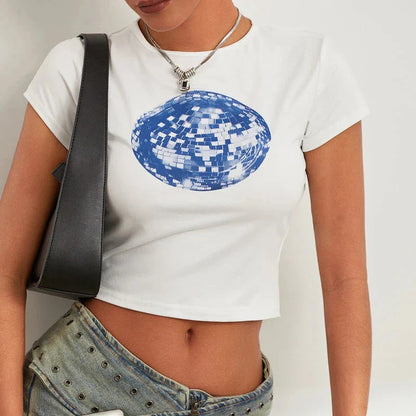 A white t-shirt with a vibrant floral and disco ball print, perfect for adding a fun twist to your summer wardrobe.