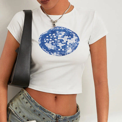 A white t-shirt with a vibrant floral and disco ball print, perfect for adding a fun twist to your summer wardrobe.