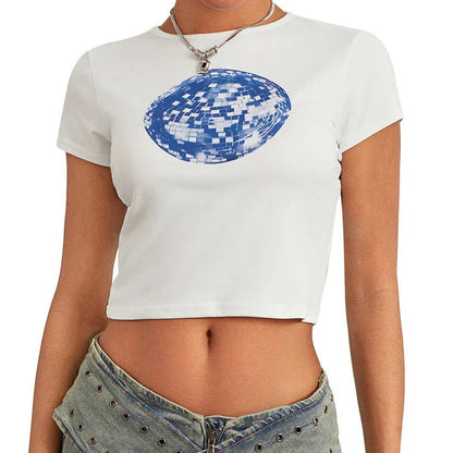 A white t-shirt with a vibrant floral and disco ball print, perfect for adding a fun twist to your summer wardrobe.