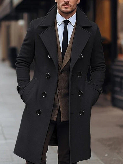 Men's double-breasted woolen coat in various classic colors, designed for warmth and style during the fall and winter seasons.