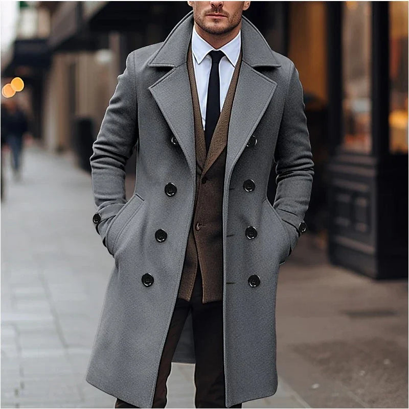 Hhomeenjoy Fall Winter Men's Woolen Coat - Double Breasted & Long