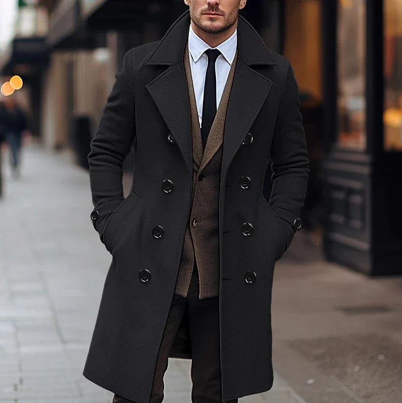 Men's double-breasted woolen coat in various classic colors, designed for warmth and style during the fall and winter seasons.