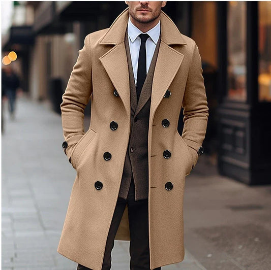 Men's double-breasted woolen coat in various classic colors, designed for warmth and style during the fall and winter seasons.