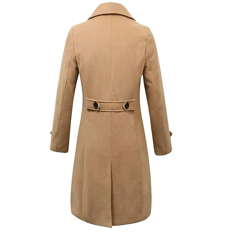 Men's double-breasted woolen coat in various classic colors, designed for warmth and style during the fall and winter seasons.