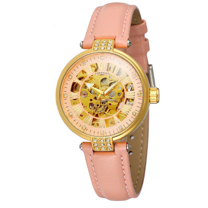 Forsining Ladies Fashion Casual Hollow Waterproof Automatic Mechanical Watch in White Color