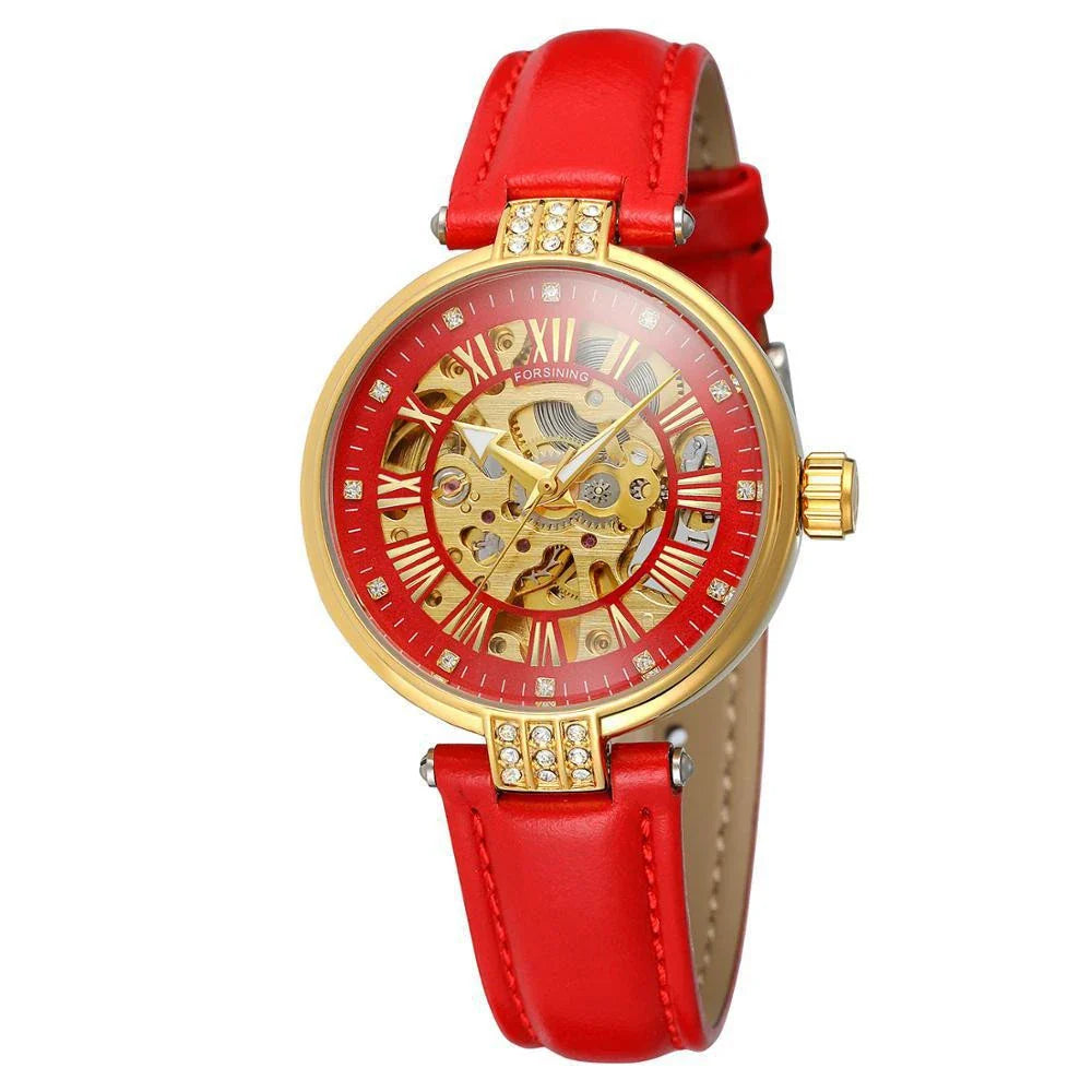 Forsining Ladies Fashion Casual Hollow Waterproof Automatic Mechanical Watch in White Color