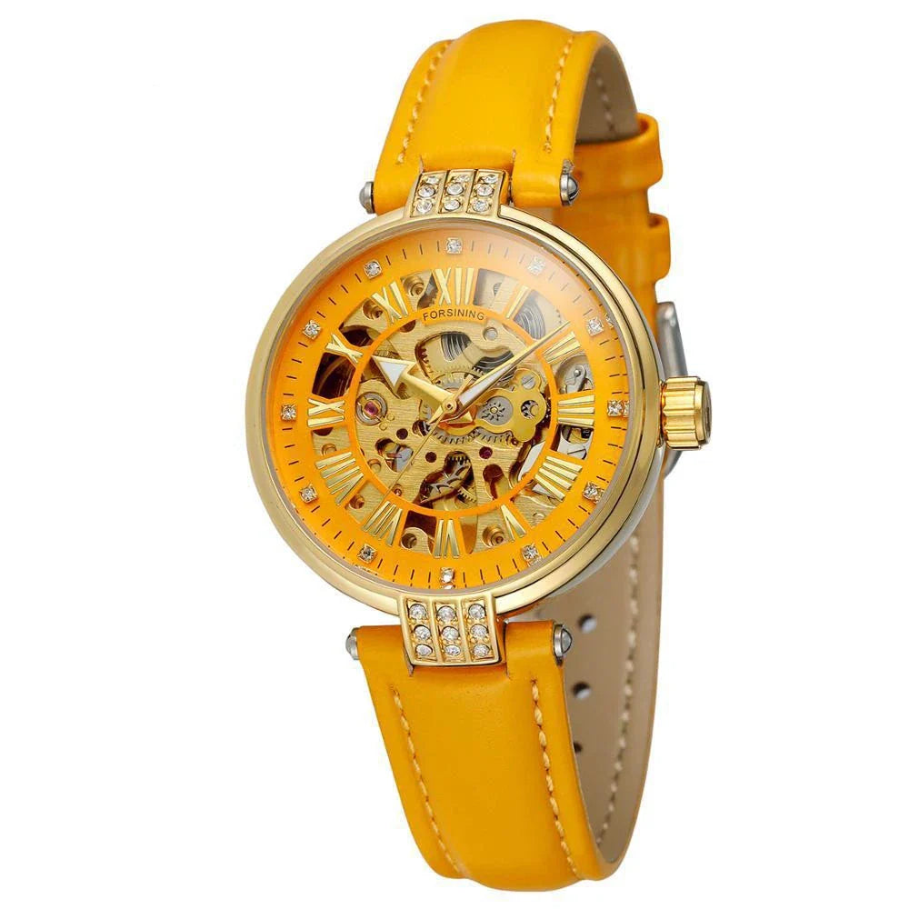 Forsining Ladies Fashion Casual Hollow Waterproof Automatic Mechanical Watch in White Color