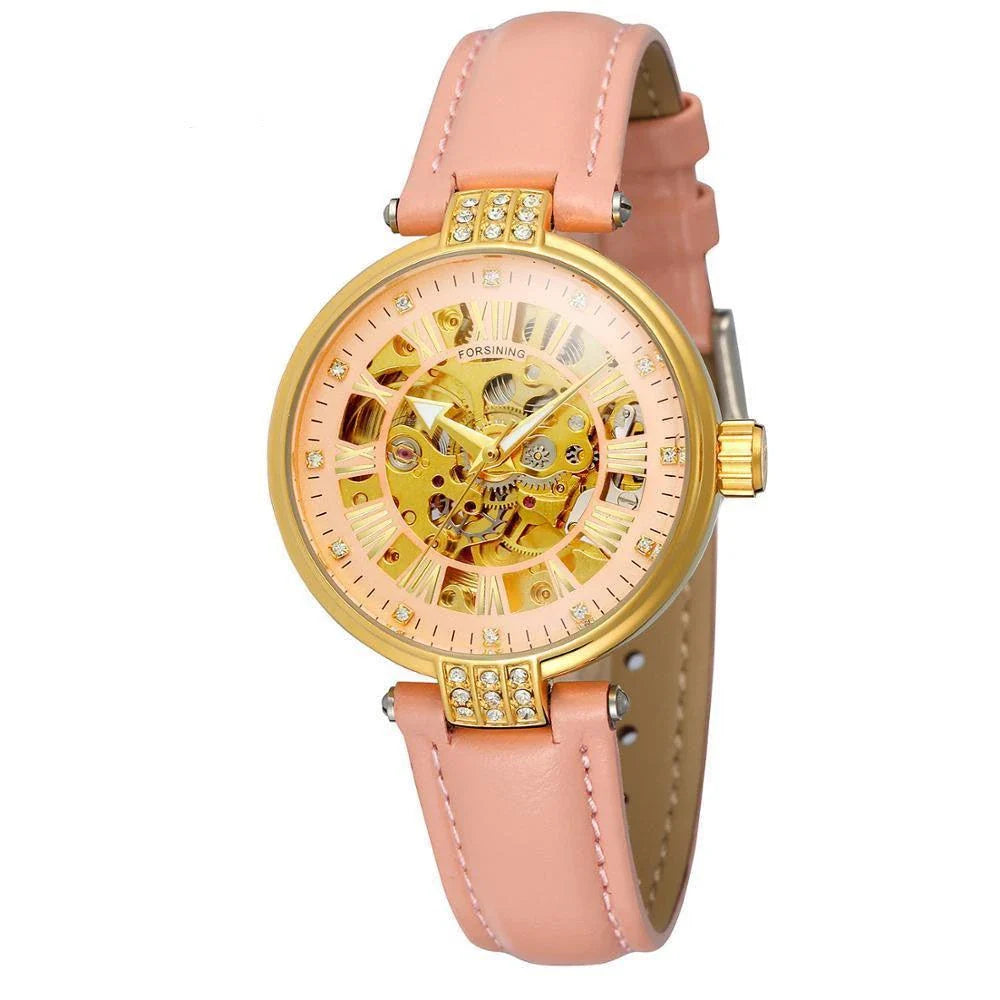 Forsining Ladies Fashion Casual Hollow Waterproof Automatic Mechanical Watch in White Color