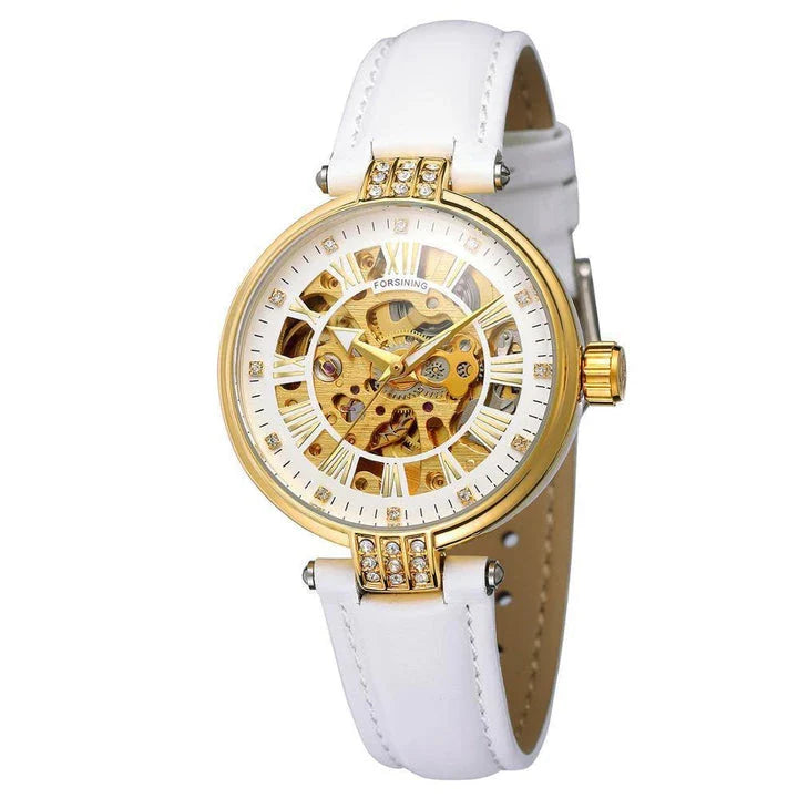 Forsining Ladies Fashion Casual Hollow Waterproof Automatic Mechanical Watch in White Color