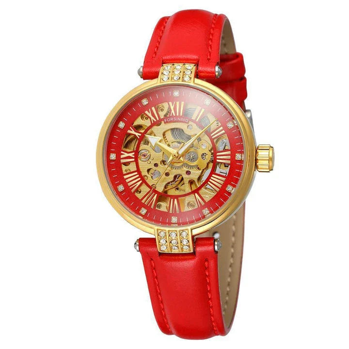 Forsining Ladies Fashion Casual Hollow Waterproof Automatic Mechanical Watch in White Color