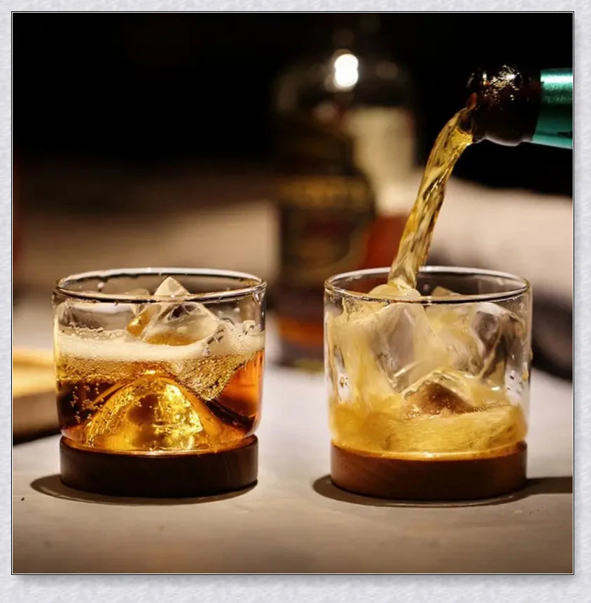 Wooden Mountain Whiskey Glass with a charming mountain silhouette design and natural wooden tray