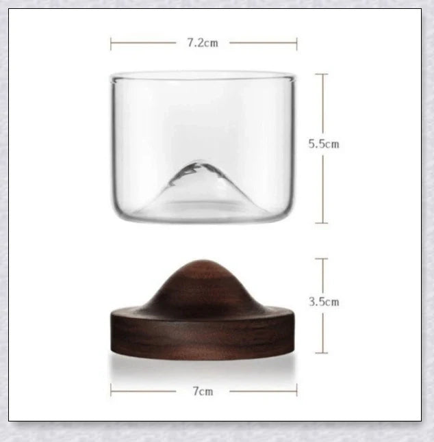 Wooden Mountain Whiskey Glass with a charming mountain silhouette design and natural wooden tray