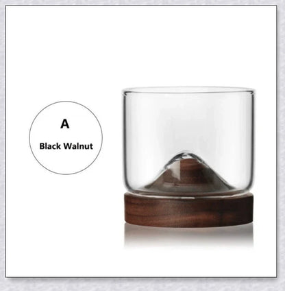 Wooden Mountain Whiskey Glass with a charming mountain silhouette design and natural wooden tray