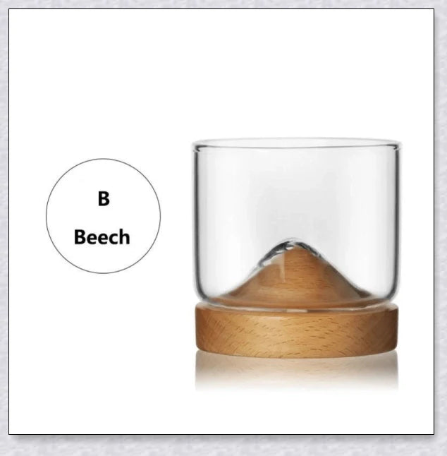 Wooden Mountain Whiskey Glass with a charming mountain silhouette design and natural wooden tray