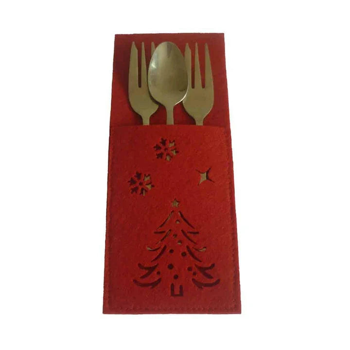 Festive cloth cutlery bags in a holiday pattern, used to neatly organize and serve silverware at a Christmas dinner table