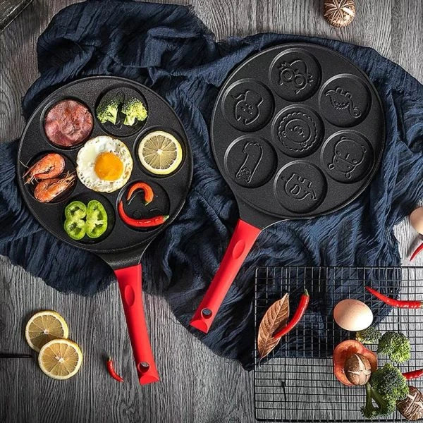 Aluminum Alloy Non-Stick Seven-Hole Breakfast Frying Pan with Comfortable Silicone Handle and Unique Hole Design for Perfect Pancakes and Eggs