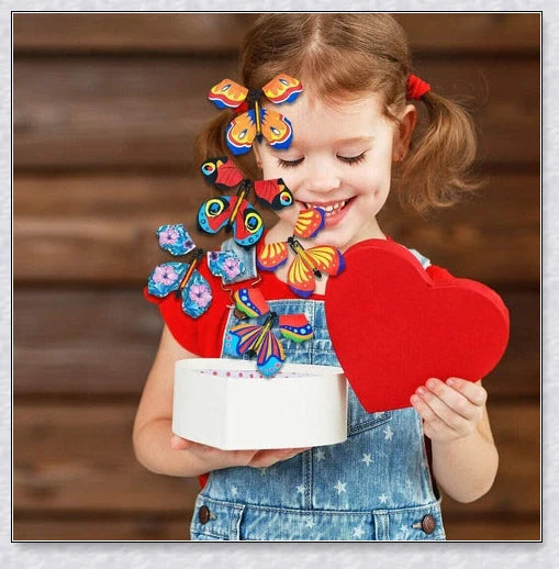 A group of colorful magic flying butterflies released from a greeting card or book, creating a whimsical and enchanting surprise