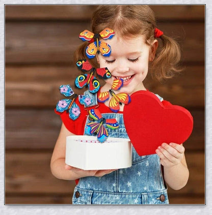 A group of colorful magic flying butterflies released from a greeting card or book, creating a whimsical and enchanting surprise