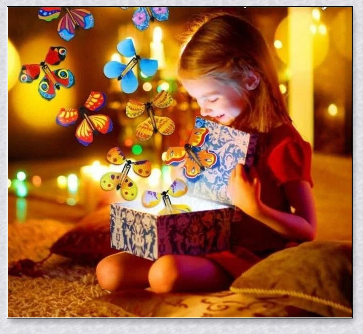 A group of colorful magic flying butterflies released from a greeting card or book, creating a whimsical and enchanting surprise