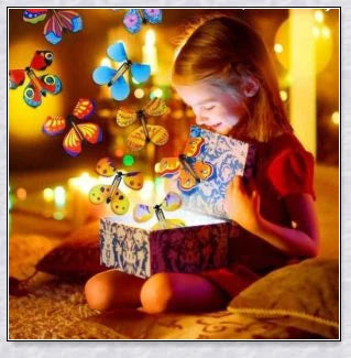 A group of colorful magic flying butterflies released from a greeting card or book, creating a whimsical and enchanting surprise